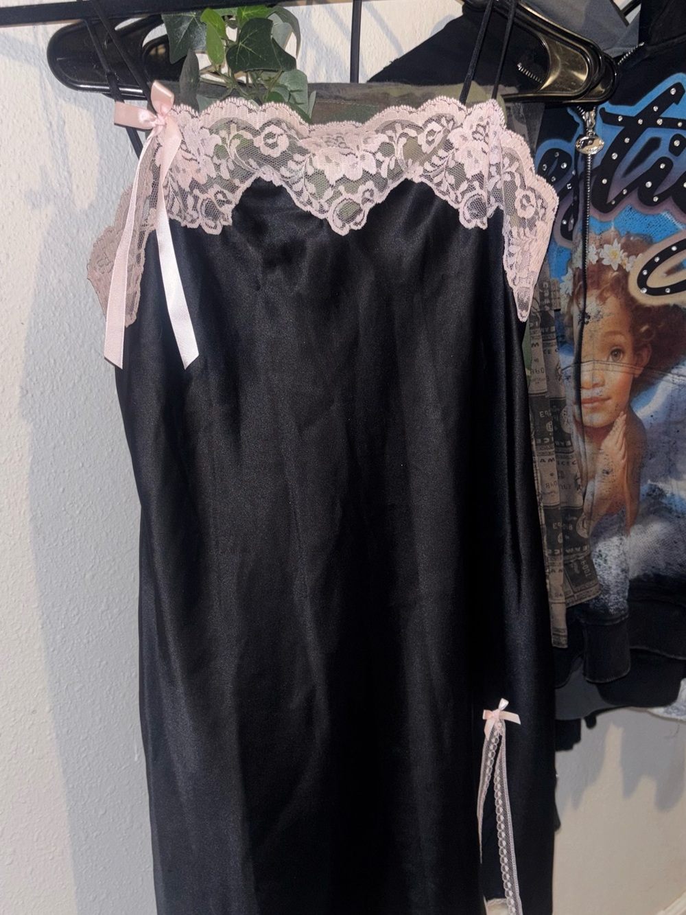 Victoria's Secret Black Satin Slip with Pink Lace Trim